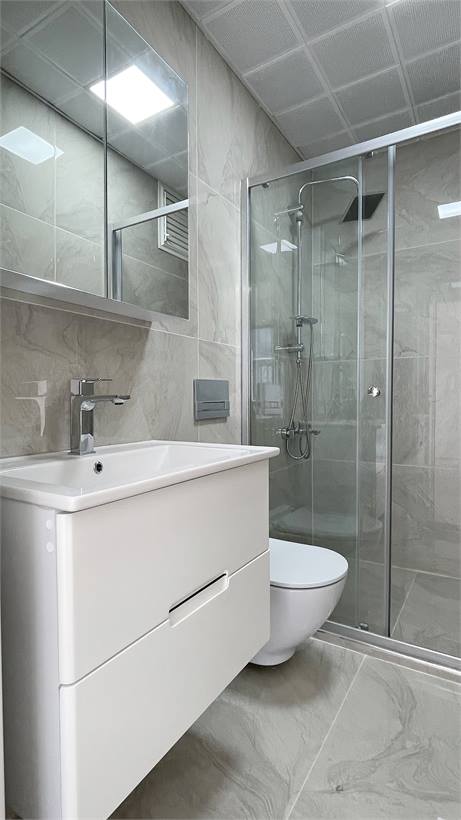 Duşakabin, lavabo dolabı ve aynalı ebeveyn banyosu